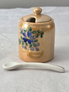 Vintage Hand-Painted Condiment Pot with Lid and Spoon